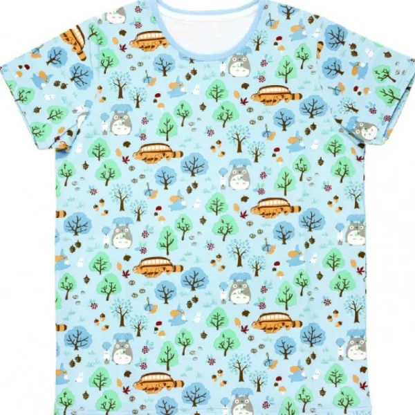 Discount T-SHIRTS PATTERNE TOTORO FORÊT BLEU CLAIR S(FEMME) - MON VOISIN TOTRO Textile